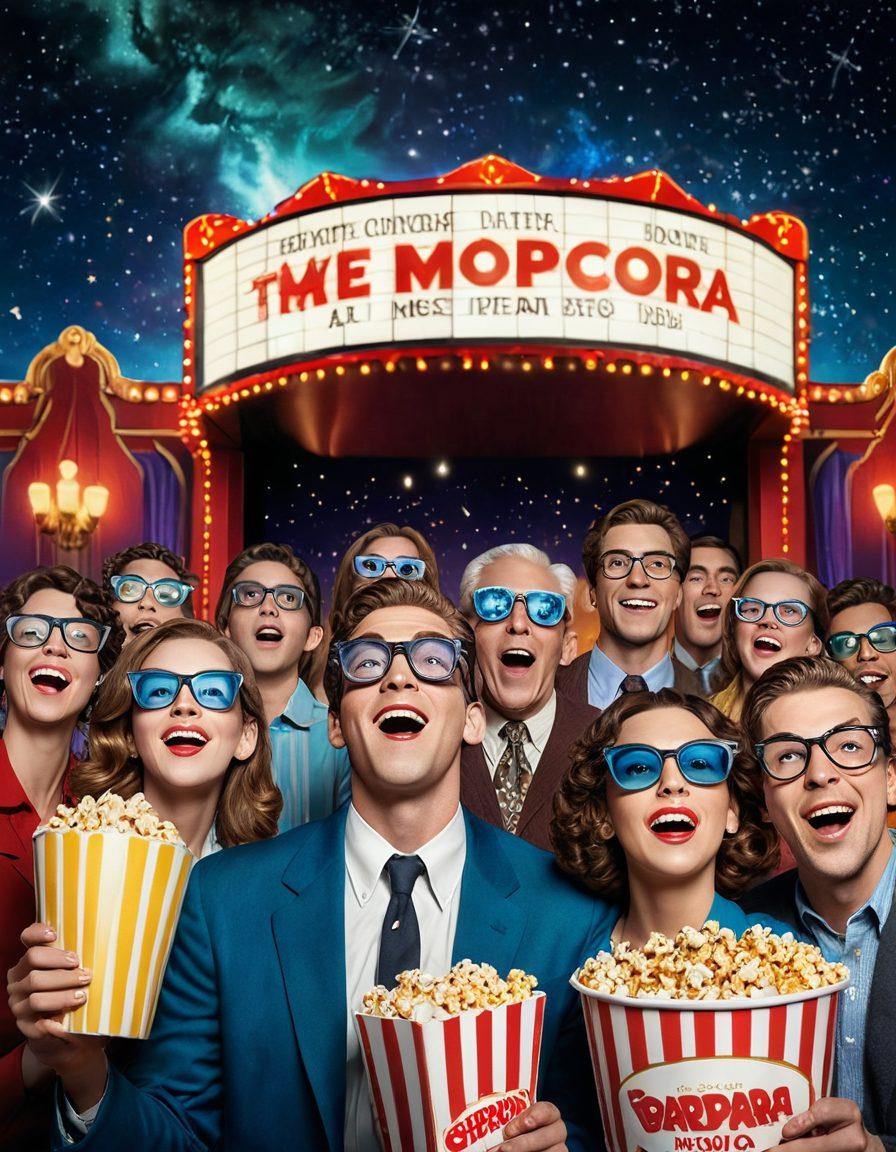 A cinematic landscape featuring a dazzling movie theater marquee illuminated with vibrant lights and classic film posters. In the foreground, a diverse group of excited moviegoers holding popcorn and 3D glasses, standing in awe. The background shows a starry sky reflecting the magic of cinema, with film reels subtly integrated into the scene. This captures the essence of an ultimate movie experience. super-realistic. vibrant colors. movie theater atmosphere.