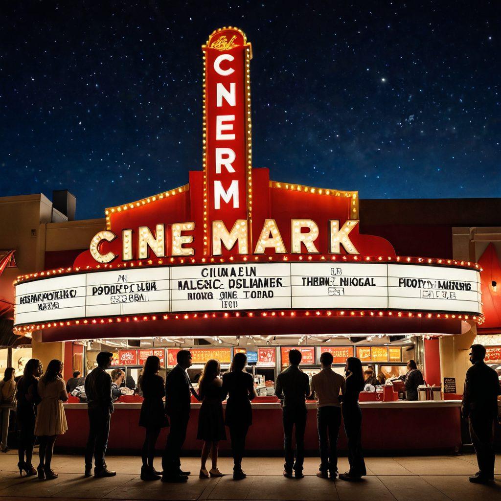 Create a whimsical scene featuring a classic cinema marquee with bright lights displaying the title 'Cinemark's Cinematic Offerings'. Include a mix of iconic movie elements like a popcorn bucket, clapperboard, and film reel swirling around in a magical display of vibrant colors. Add silhouettes of diverse moviegoers enjoying a film under a starlit sky. Capture the essence of cinematic excitement and wonder. vibrant colors. retro style.