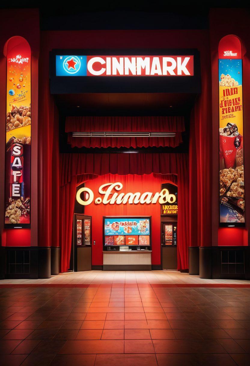An inviting Cinemark theater entrance with colorful movie posters, a marquee lit up with exciting film titles, and excited moviegoers walking in. Inside, a cozy concession stand filled with popcorn and drinks, set against the backdrop of a plush cinema hall with a big screen showing a vibrant, action-packed movie scene. The atmosphere is lively, capturing the joy of going to the movies. super-realistic. vibrant colors. 3D.